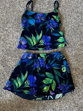 Navy Tropical Floral Cami Top & Skirt swim Set with attached bikini bottom